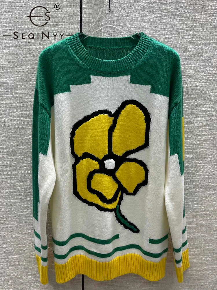 SEQINYY Casual Sweater Spring Autumn New Fashion Design Women Runway High Street Yellow Flowers White Green Top Knitting Loose