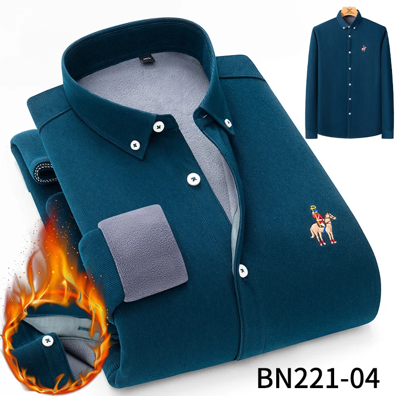 Mattswag Men Thicken Plush Embroidery Long Sleeve Shirts Autumn Winter Corduroy Warm Men's Shirts Slim Button Down Camisa Hombre