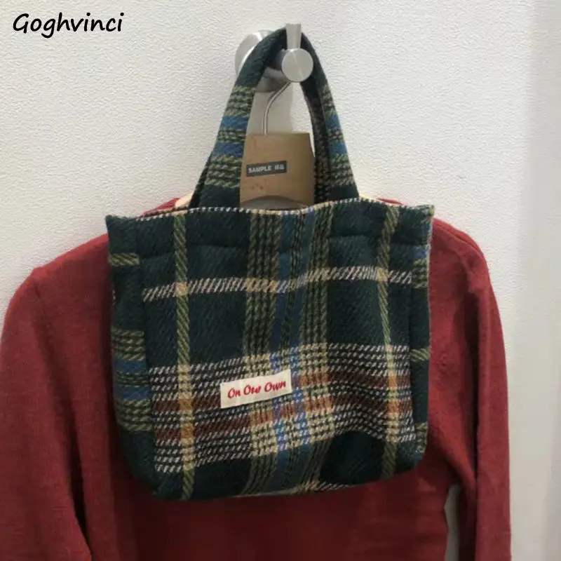 

Women Large Capacity Shoulder Bags Plaid Vintage Mori-girl Shopping Underarm Tote Handbags Female Lazy Woolen Portable Pouch Ins
