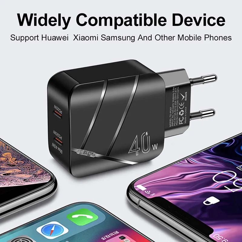 Фото Зарядное устройство PD с 2 портами USB Type-C, 40 Вт, адаптер для iPhone 14, 13, 12, Xiaomi, Samsung, Huawei, QC 3,0, зарядное устройство USB C для быстрой зарядки №5