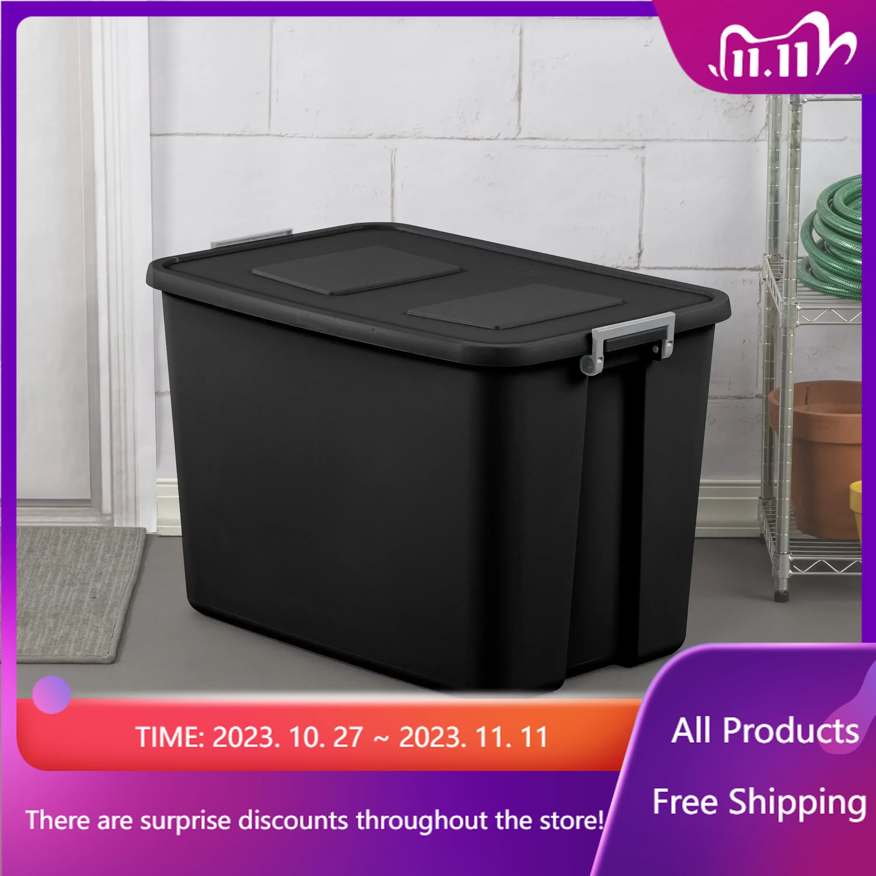 

Free Shipping 32 Gallon Latch Tote Plastic, Black， storage box
