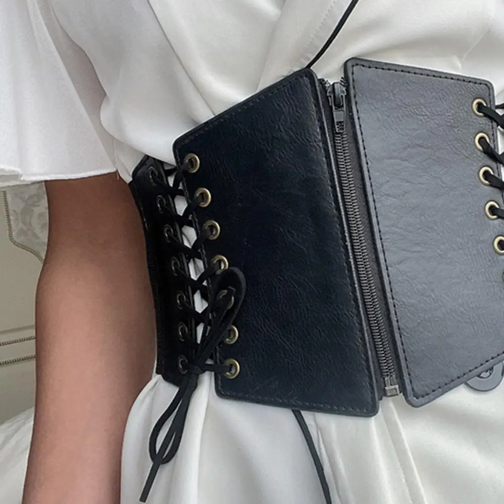 

Waist Belt Widened Lace Up Tie Vintage Design Zipper Closure Good Toughness Body Slimming Tear-resistant Elastic Leather Lady