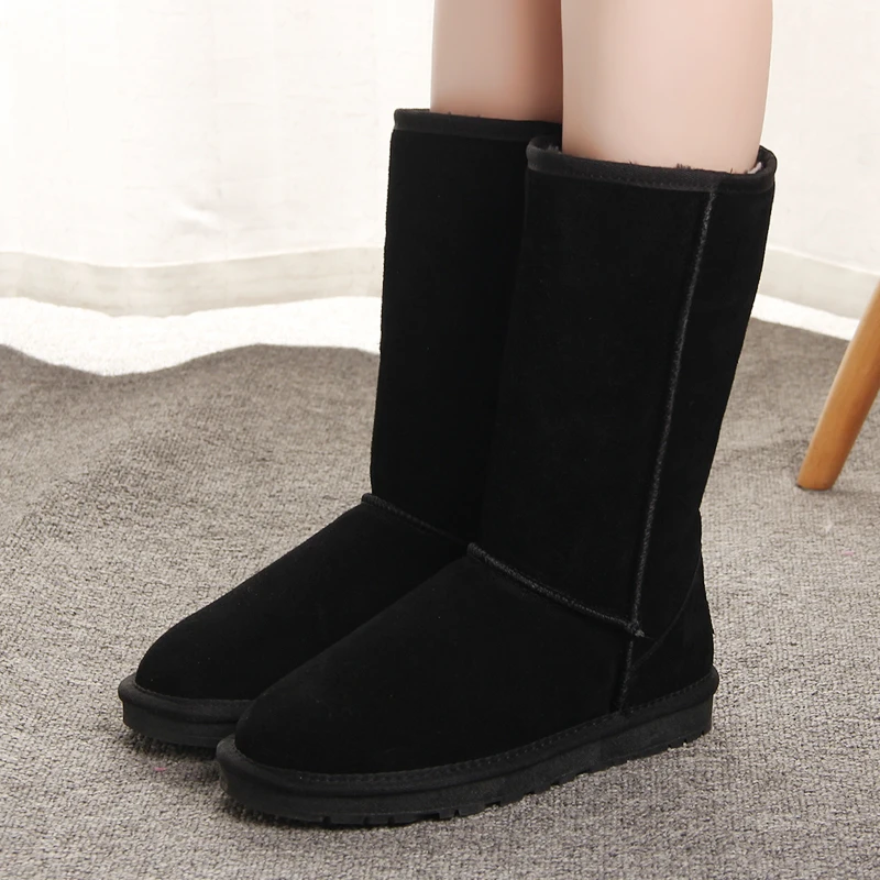 

HQF UG Classic Real Cow Suede Leather Synthetic Fur Lined Knee-High Winter Snow Boots for Women Warm Shoes Waterproof Black Grey