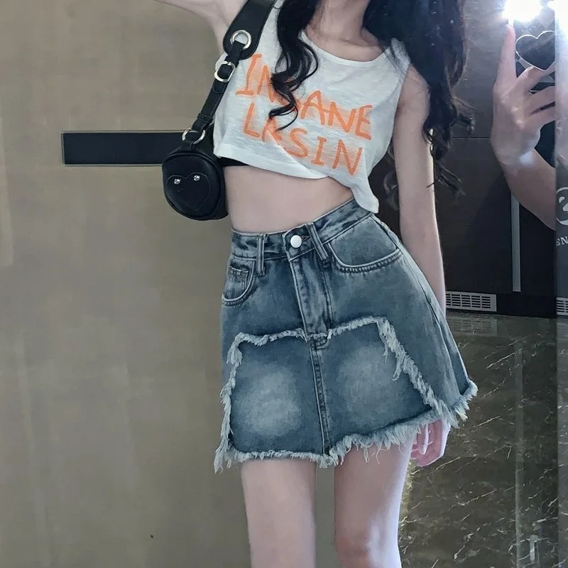 

Джинсовые юбки для девочек Y2K, модная женская мини-юбка с кисточками, летняя готика, Харадзюку, винтажная уличная одежда, эстетическая школьная юбка для девочек