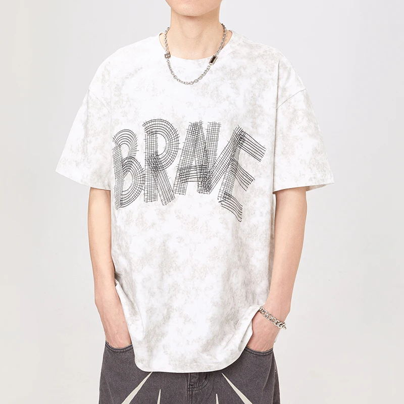 Модная и удобная свободная Мужская футболка американская вязаная иглой с