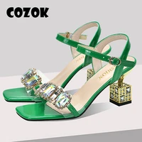 new women summer high heel shoes shining crystal open toe square heel block heel buckle fashion strap sandals