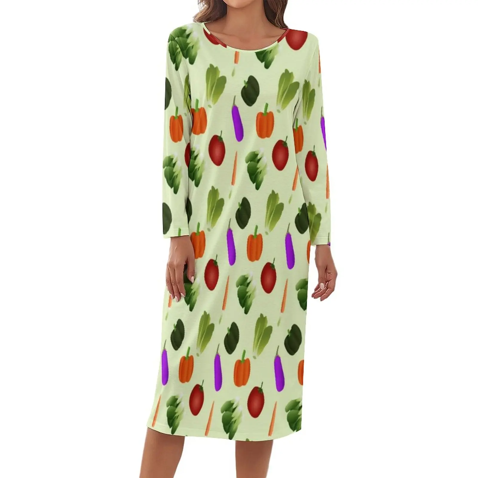 

World Vegetarian Day Pajamas Vegetables Print Long Sleeve Cute Dresses Women Casual Sleepwear Daily O Neck Printed Homewear