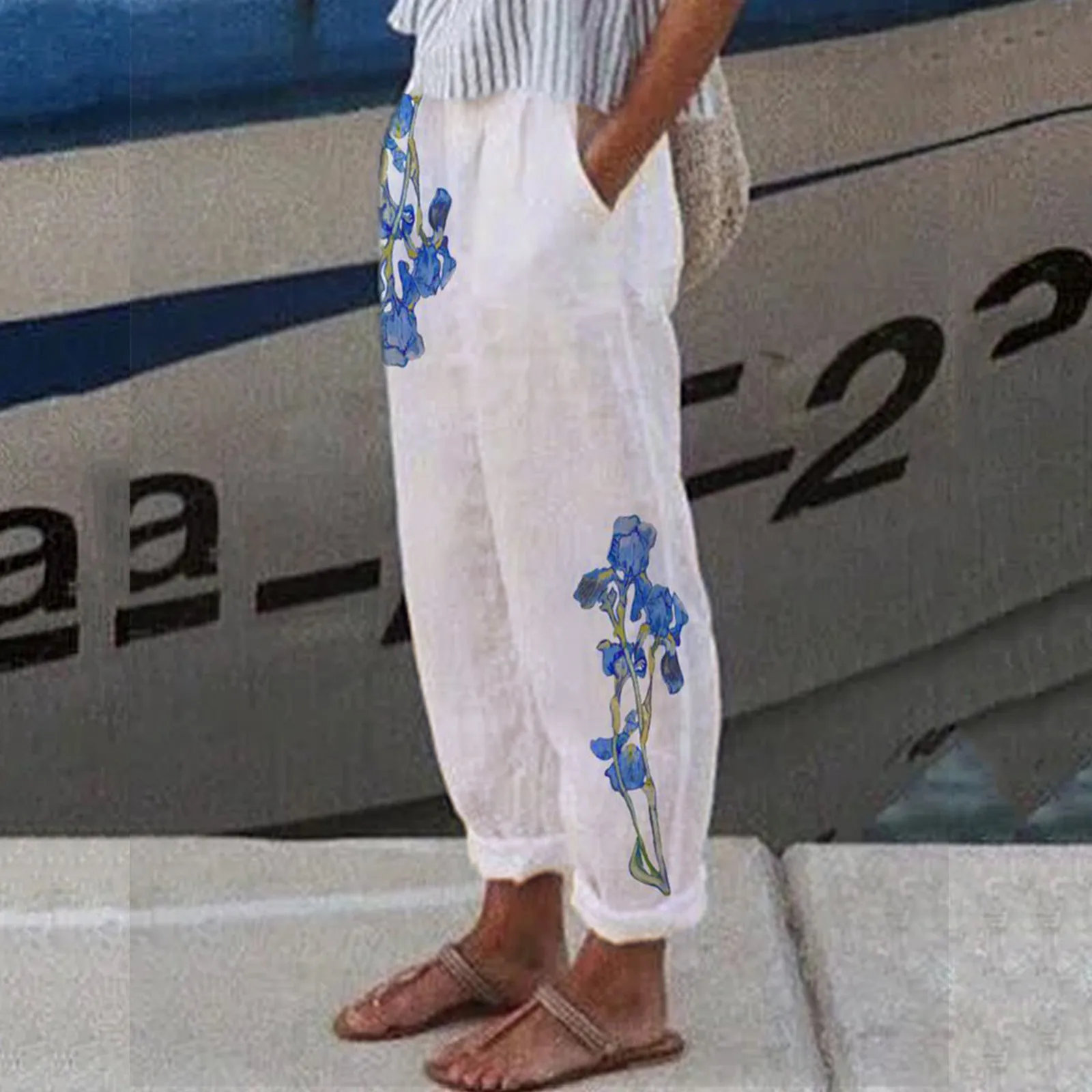 Брюки женские пляжные с завышенной талией хлопково-льняные штаны цветочным