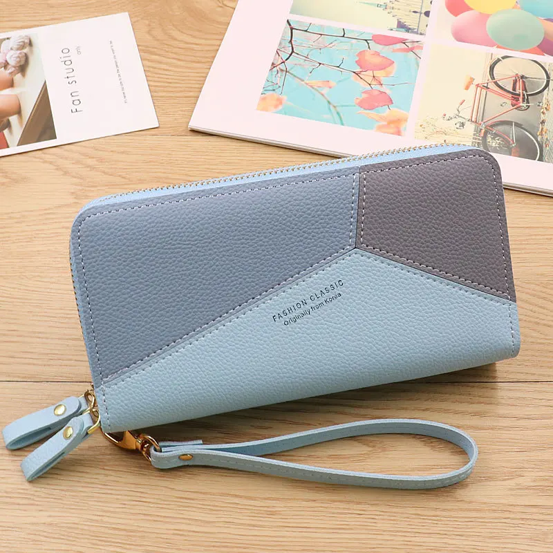 

Korea Women Long Zipper Wrist Purses Tassel Design Clutch Forever Young Wallet Female Card Holder Geometric Patchwork PU Leather