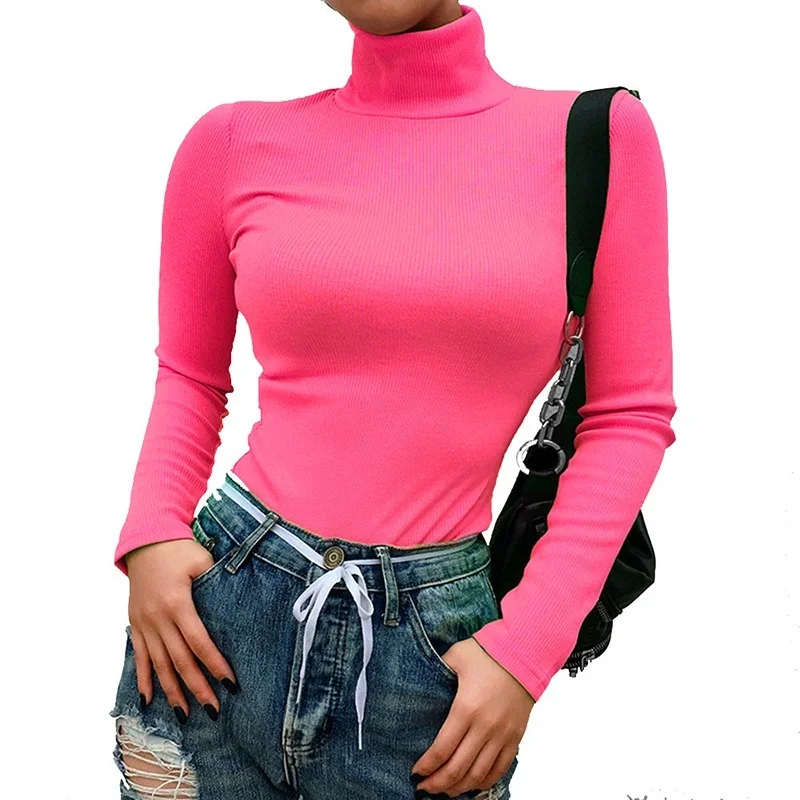 Women Knitted Ribbed Clothes Neon Green Turtleneck Sweaters Shirts Long Sleeve Top Slim Fit Winter Autumn Shirt Pullover M0243 | Женская