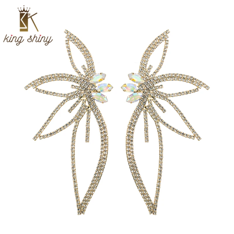 Роскошные блестящие серьги-гвоздики King в форме листьев с кристаллами, крупные сверкающие крупные серьги Стразы, ювелирные изделия для дево...