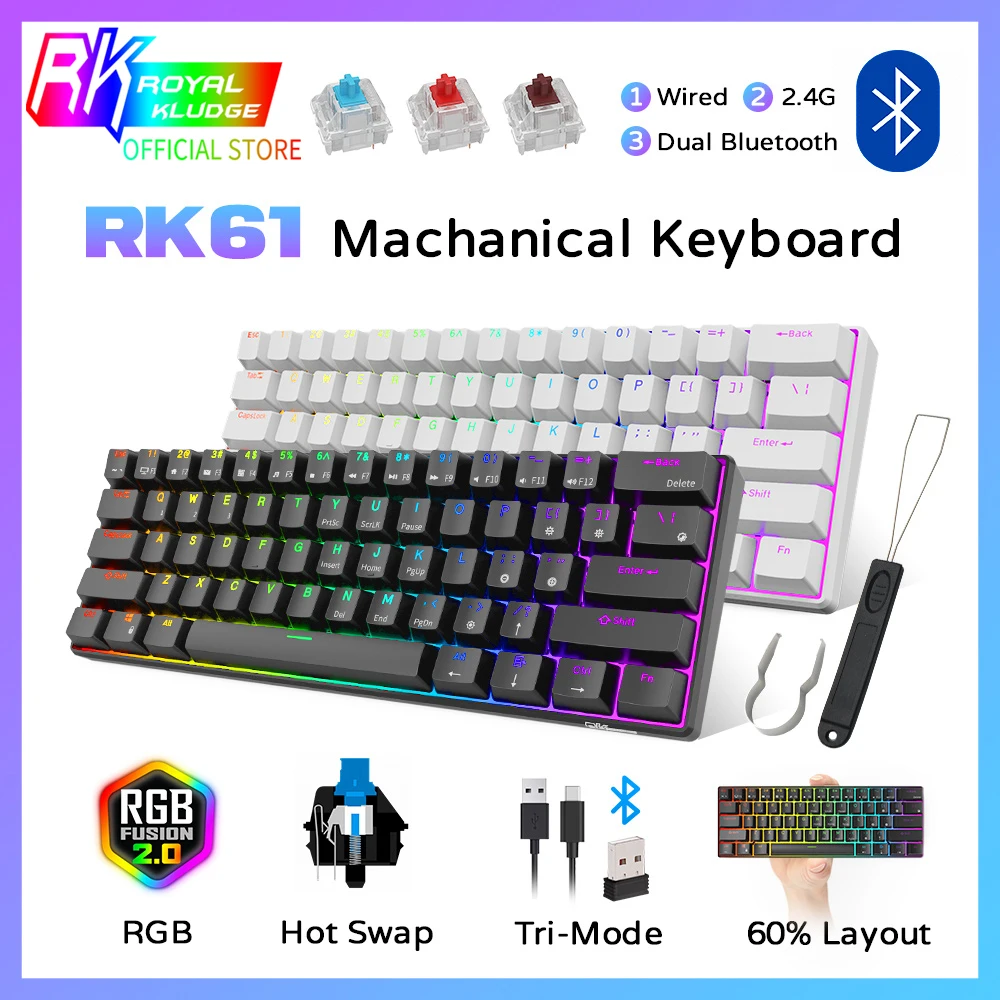 RK61 Royal Kludge Wireless Mechanical Keyboard Tri-Mode Bluetooth 5.0/2.4G/USB-C RGB Backlit 61 Key Hot-Swappable Gamer Keyboard