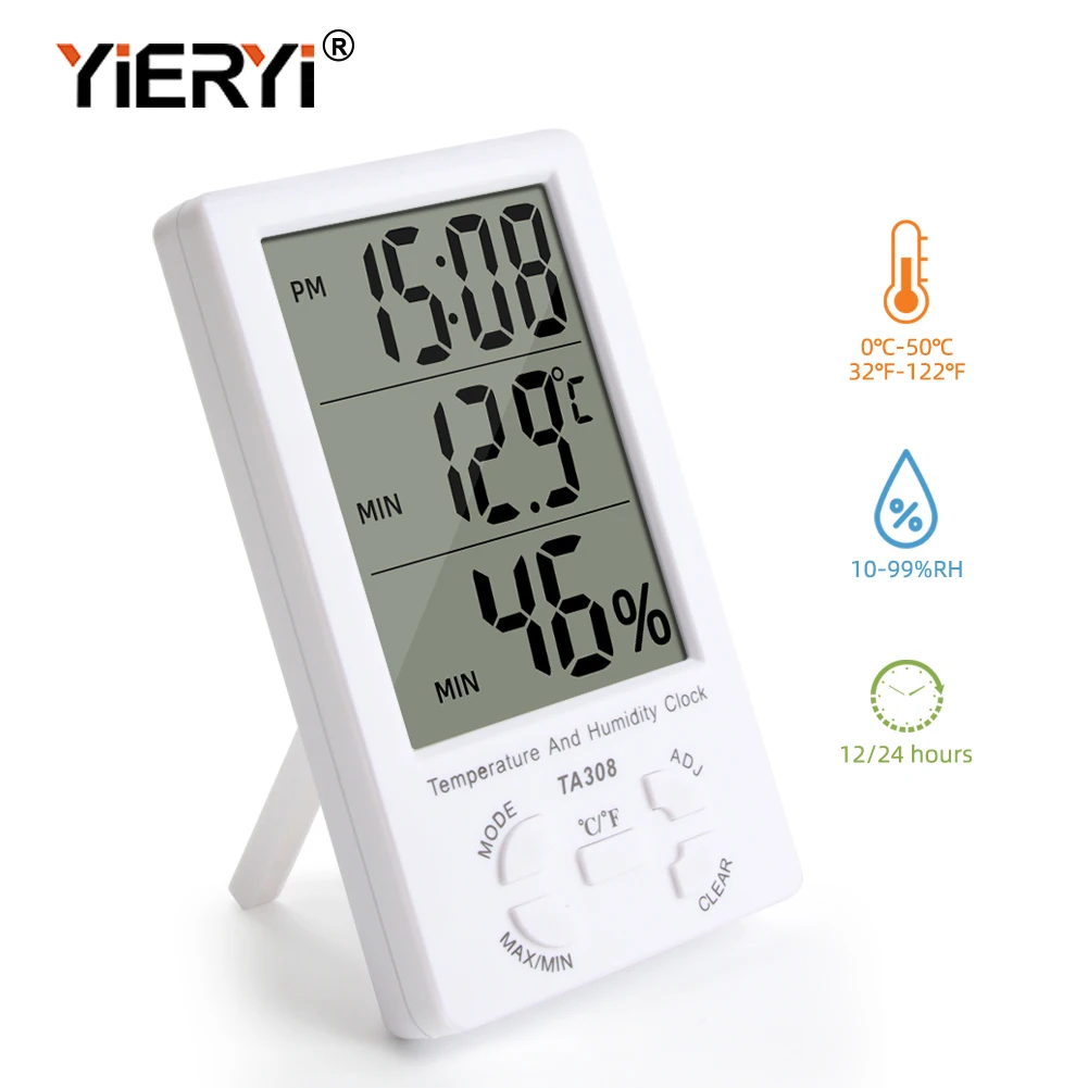 Yieryi 3 in 1 Digital Thermohygrometer 0°C-50℃ Clock ABS Indoor Thermometer Monitoring Sensor Humidity Meter Temperature Teser