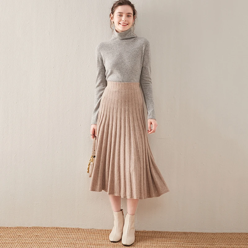 

FRSEUCAG Hot Sale 100% Pure Wool Ladies Skirt Autumn Winter Collection Loose Casual Knit Cashmere Skirt Solid Color genuine