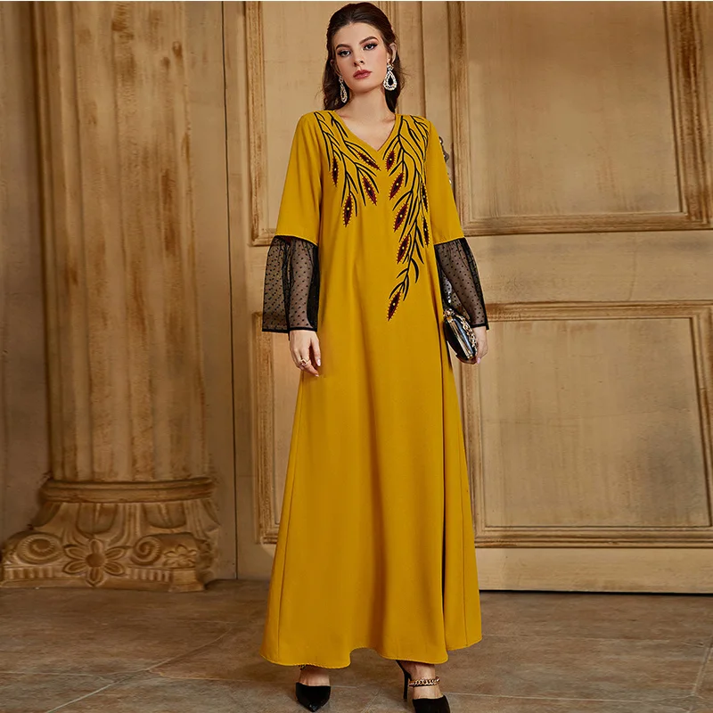 Eid Dubai Abaya мусульманское женское модное платье желтое с V-образным вырезом благородное марокканское турецкое индийское вечернее платье длин...