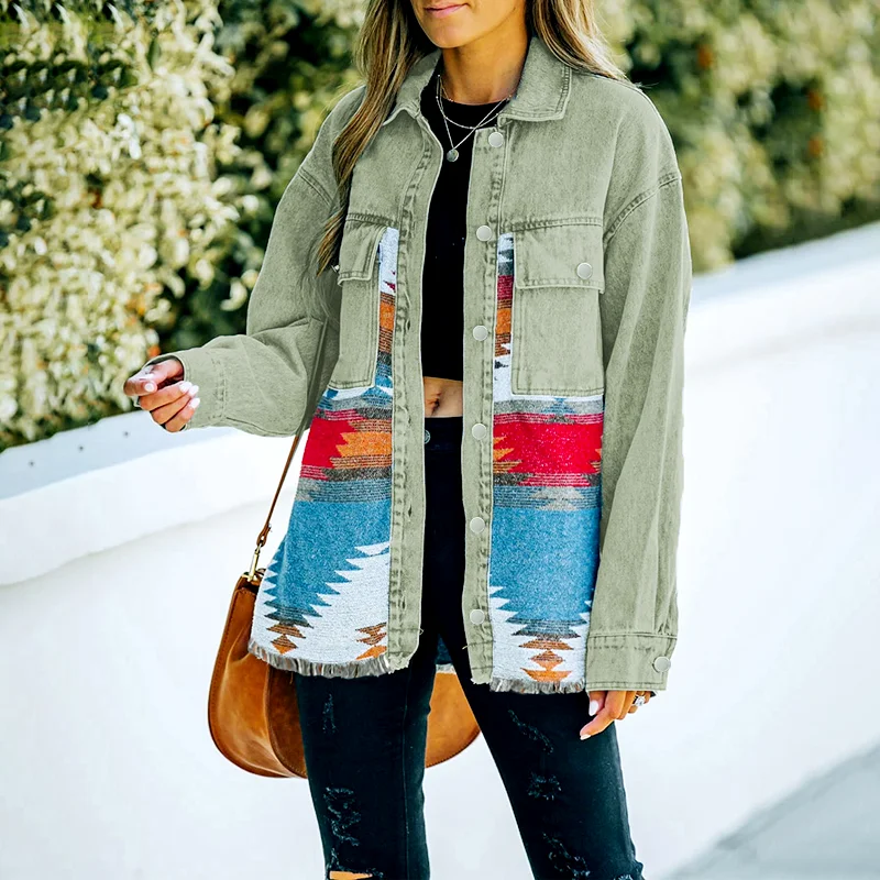 

women New Aztec Denim Coat Autumn Winter Long Sleeve Water Wash Retro National Jacket winter Splicing Jeans Casual Long Sleeve