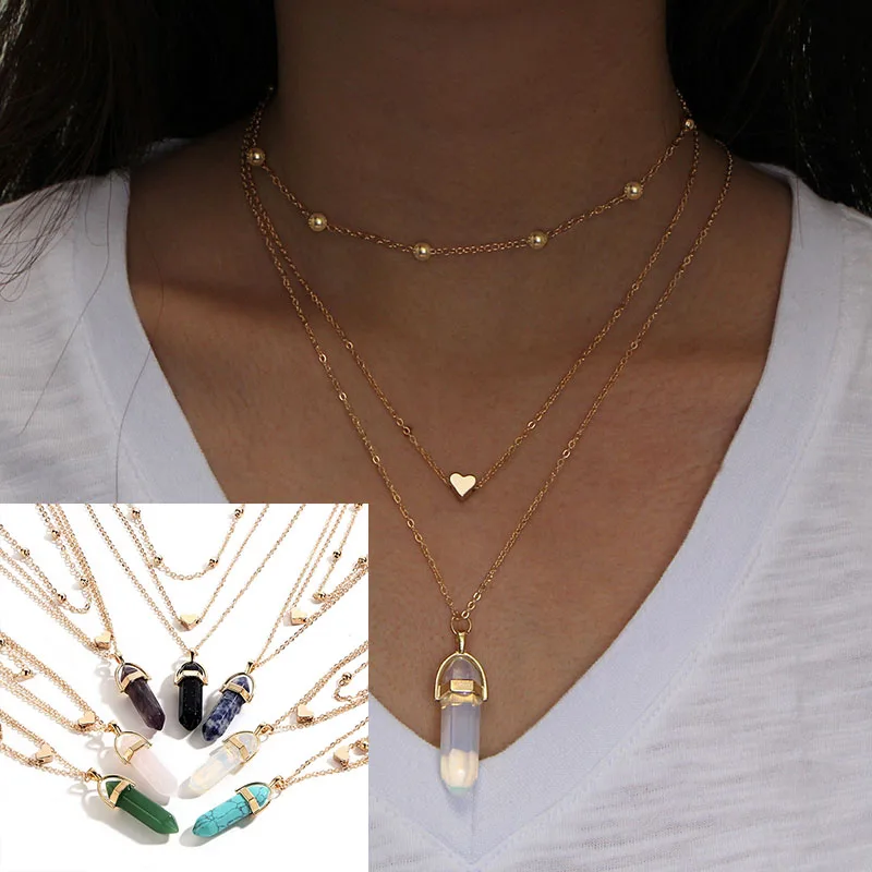 

HMES Natural Crystal Gem Pendant Moonstone Necklace Woman Multilayer Gold Pendant Simple Vintage Necklace