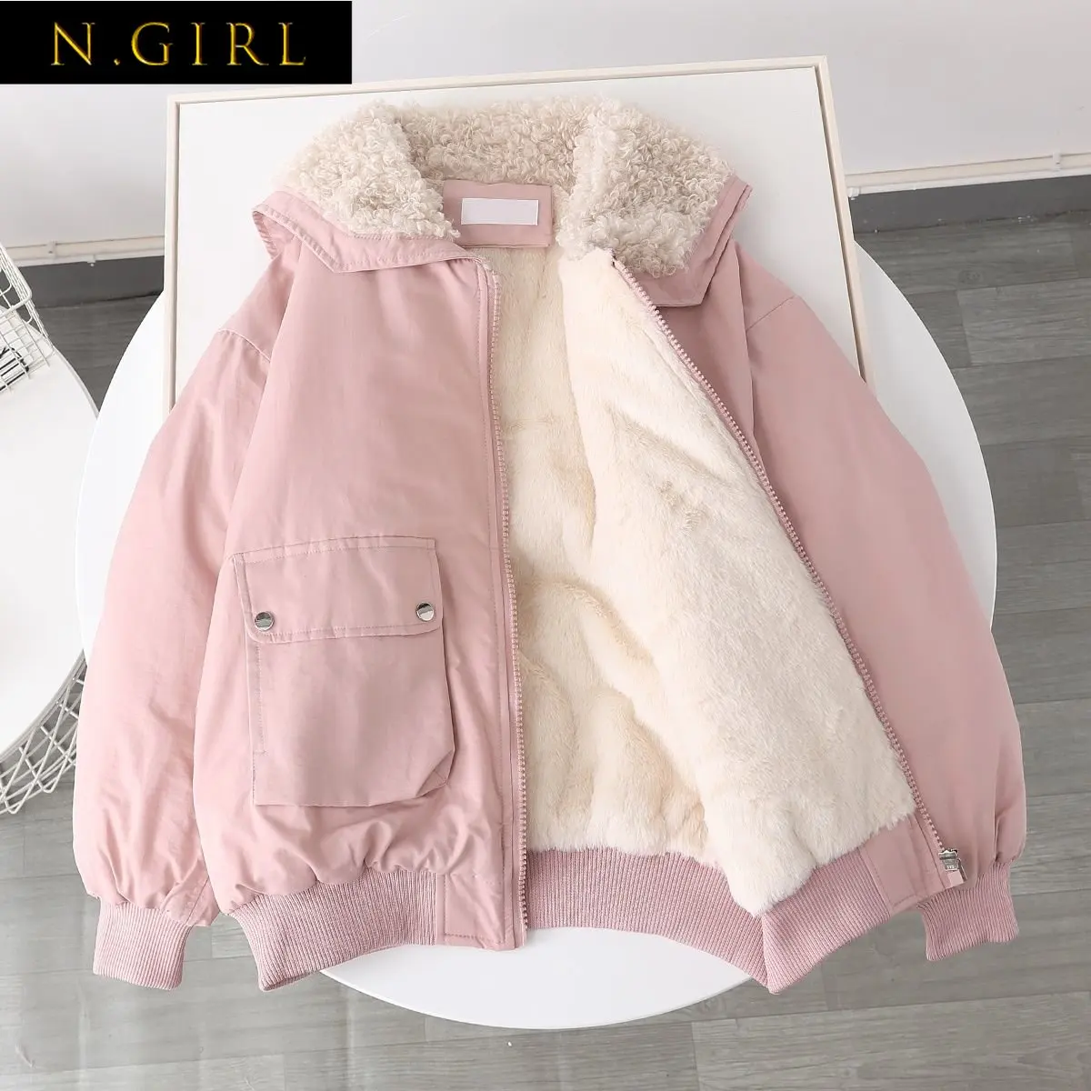 N GIRLS Autumn And Winter Plus Velvet Liner Candy-colored Tooling Women's Loose Coat Collar Wool Collar Imitation Lamb Jacket