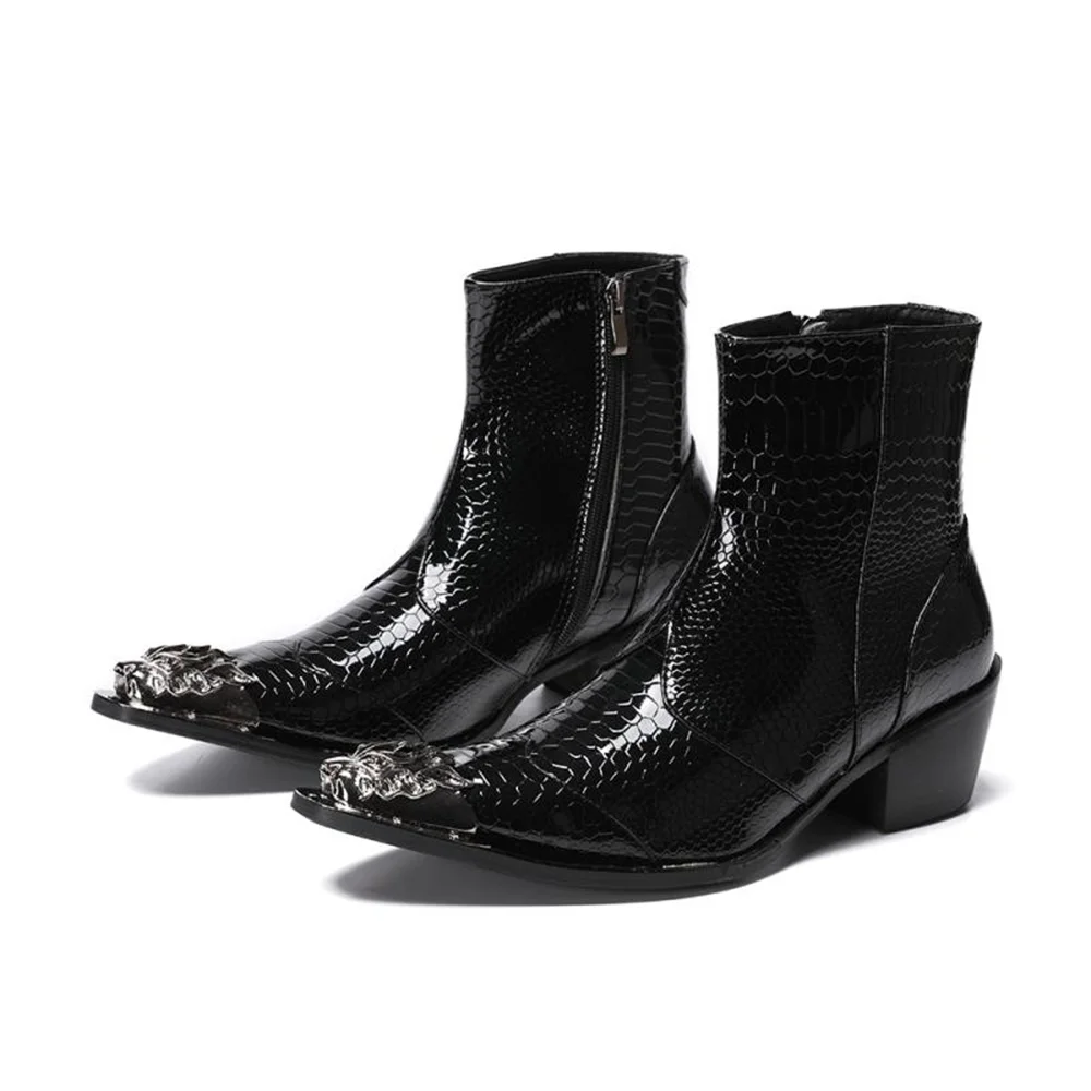 

Black Patent Leather Pointed Toe Boots Male Plus Size Zipper With Metal Fashion Party British Style For Men High Heels Shoes