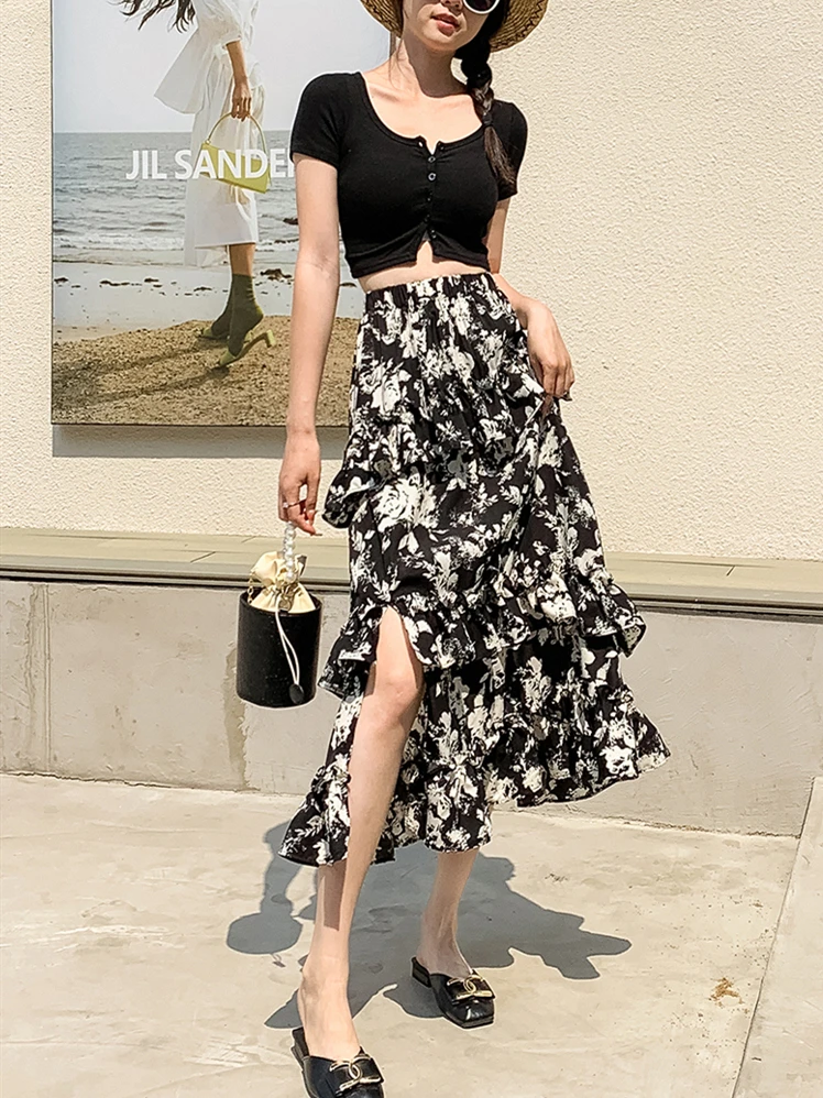 

Женская шифоновая юбка средней длины, элегантная тонкая юбка с винтажным принтом и высоким разрезом, лето