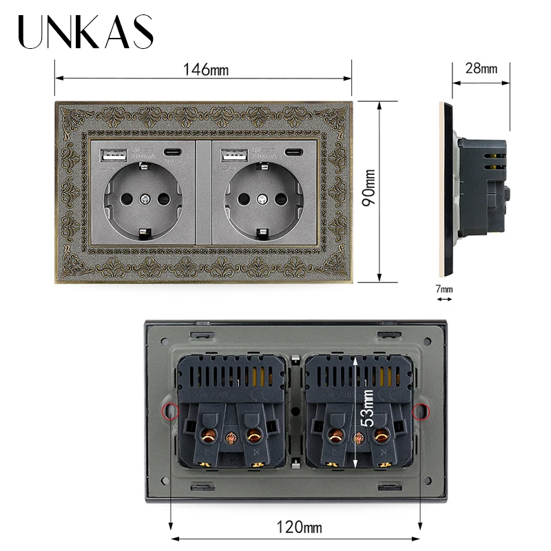 UNKAS серая розетка ЕС Тип C USB порт + ТВ RJ11 Телефон RJ45 Интернет-компьютер гнездо 4D тиснение панель Ретро цинковый сплав розетка (art.: 3920bb64e374b) - 3920bb64e374b