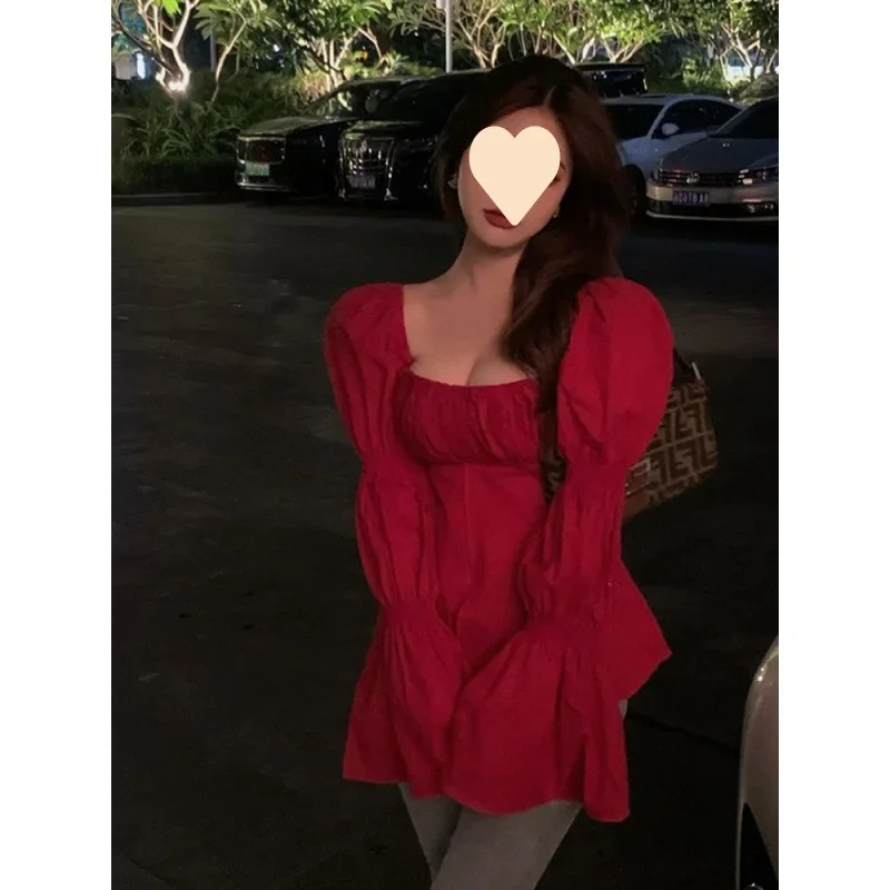 Красная сексуальная блузка в корейском стиле женская шикарная дизайнерская