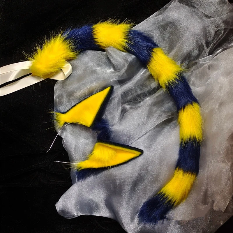 Обруч для волос с кошачьими ушками желтый и синий хвост от пересечения животных