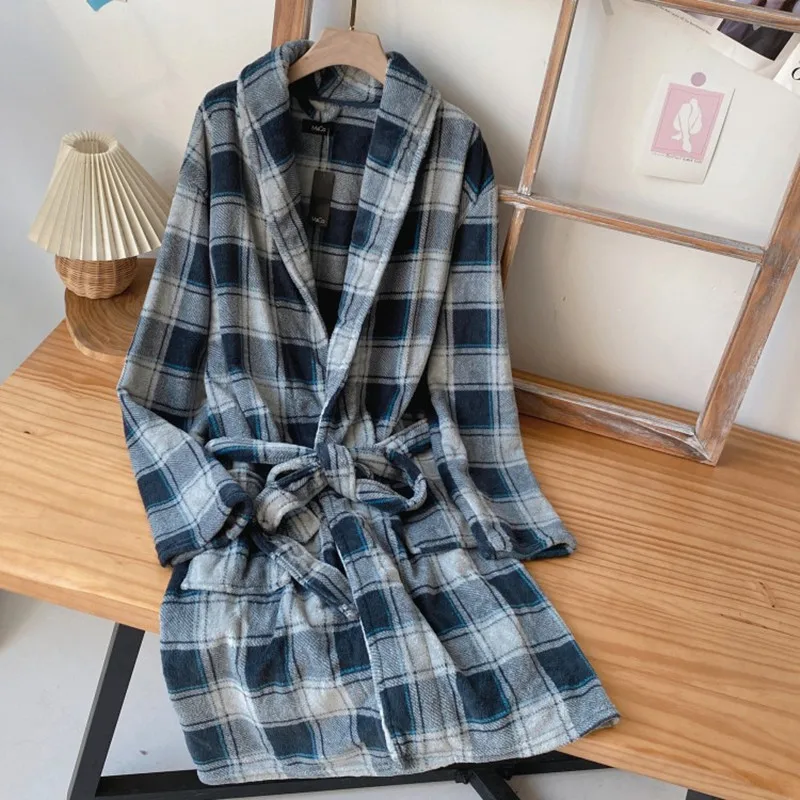 Nightgowns For Men Coral Fleece  Keep Warm  Bathrobe Mens Robes Stripe