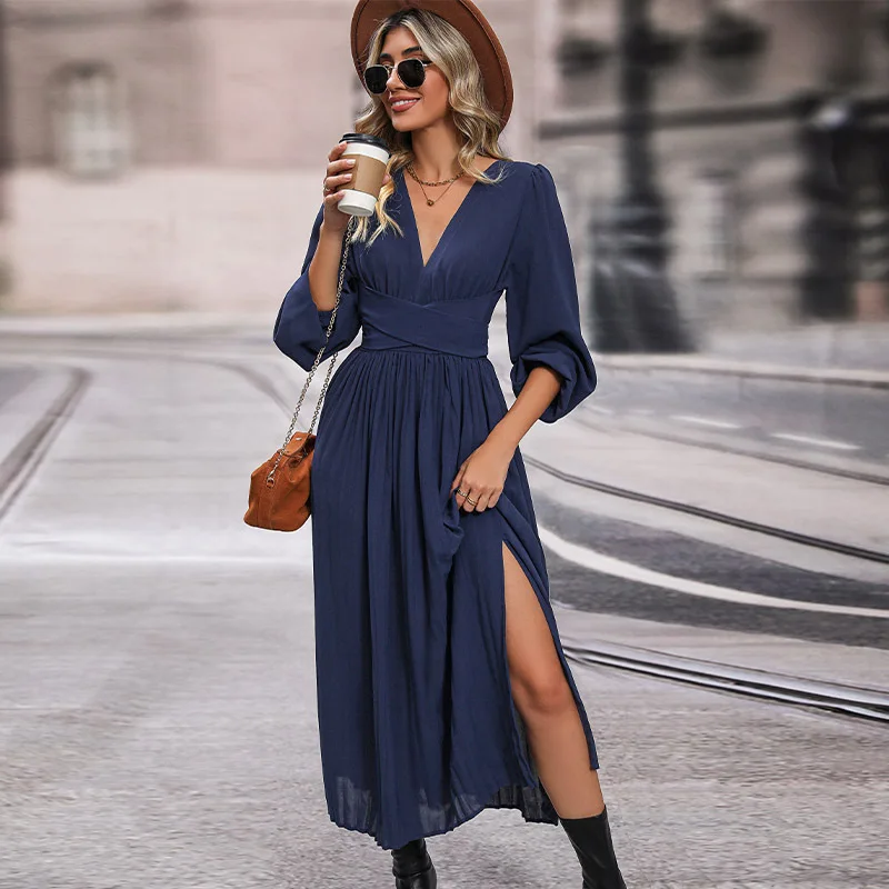 

Осень 2023, женская одежда в европейском и американском стиле, новое пригородное платье средней длины с длинным рукавом и перекрестной каймой