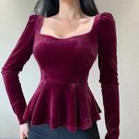 women sexy square collar velvet office blouse and tops elegant ruffles autumn long sleeve shirts vintage casual ladies y2k top