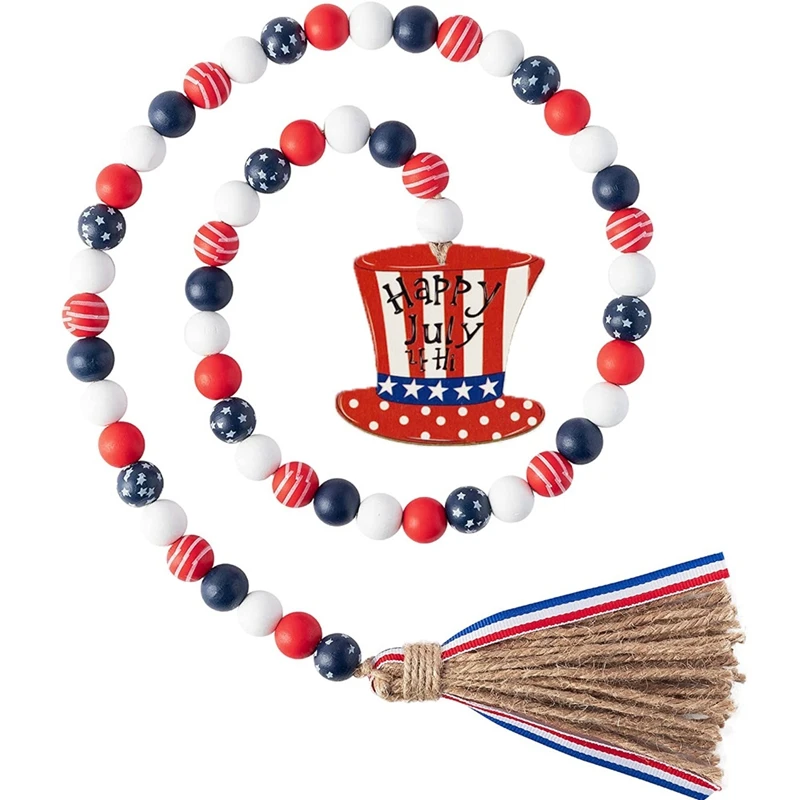 

Patriotic Wood Bead Garland 4Th Of July Independence Day Wood Bead With Tassel, Prayer Beads Garland Tiered Tray Decor