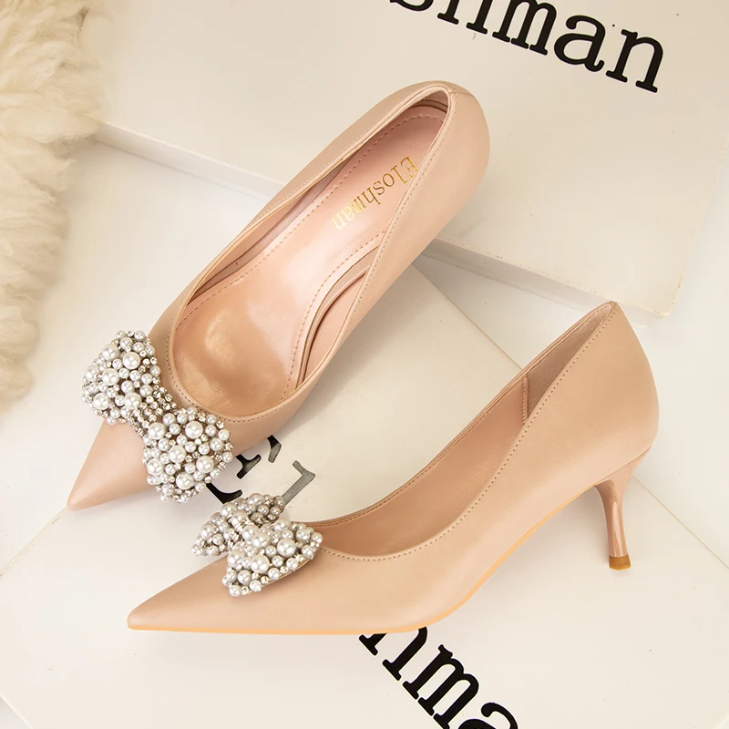2022 Wedding Shoes Women Elegant Pointed Toe Pearl Bowknot Pumps Pu Shallow Fashion High Heels Shoes Party Office Shoes Woman
