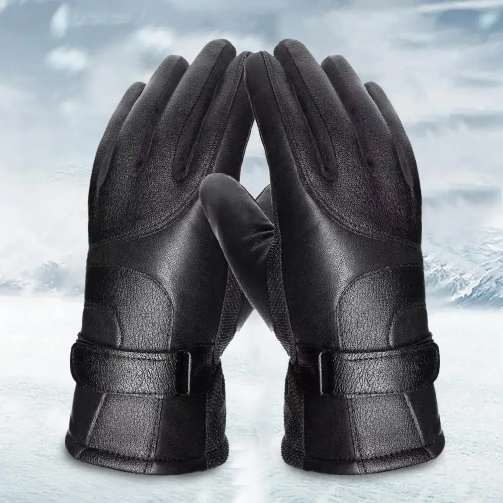

1 Pair Cycling Gloves Plush Lining Full Finger Thickened Waterproof Warm Faux Leather Autumn Winter Men Motorcycle Riding Gloves