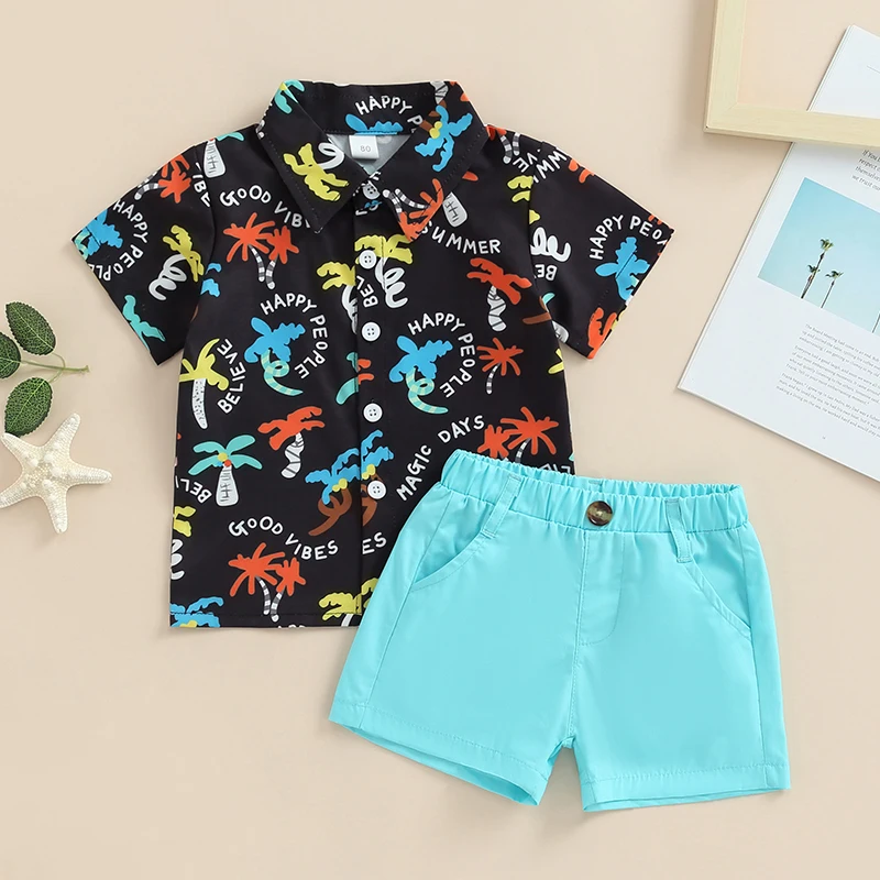 

Summer Boys Clothing Formal Wear Coconut Tree Print Short Sleeve Button up Shirt and Elastic Shorts Set 2 Piece Outfits Clothes