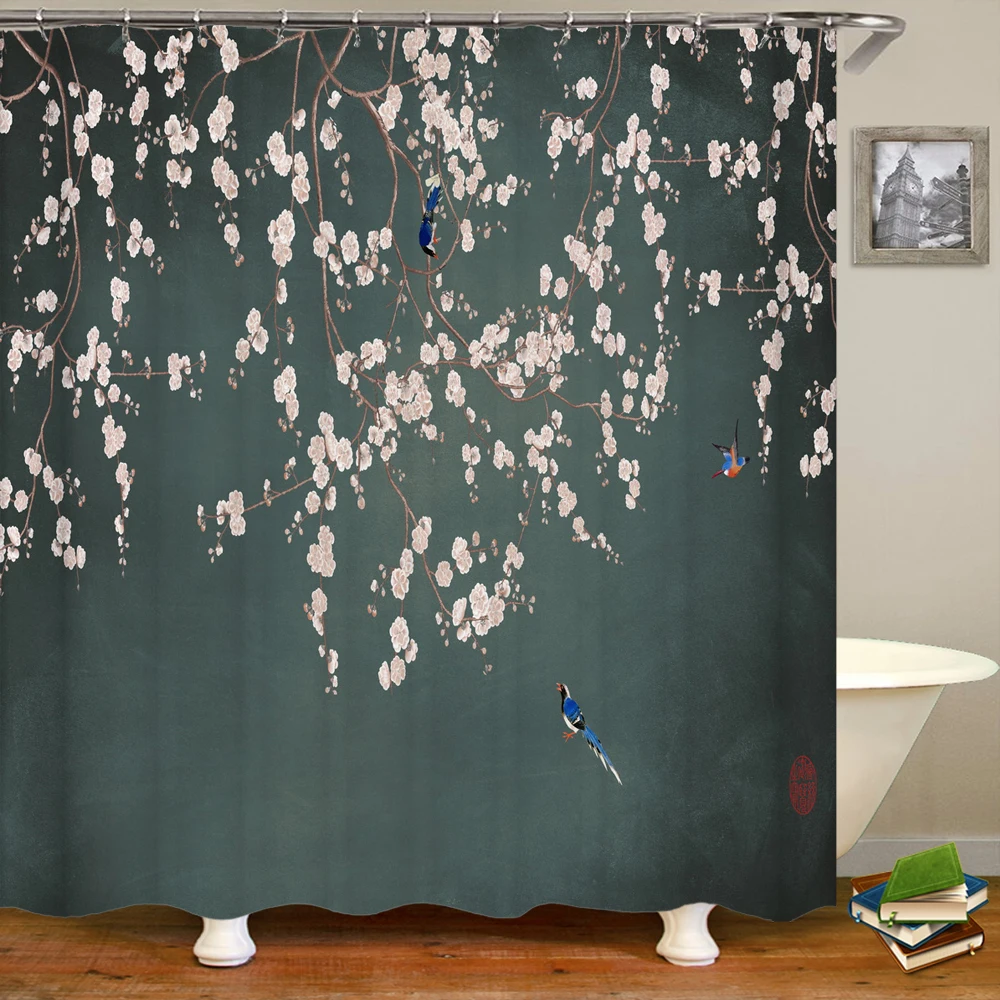 

Flowers and Birds Pattern Shower Curtain 3D Bath Screen Waterproof Fabric Home Bathroom Bathtub Decor with Hook Shower Curtains