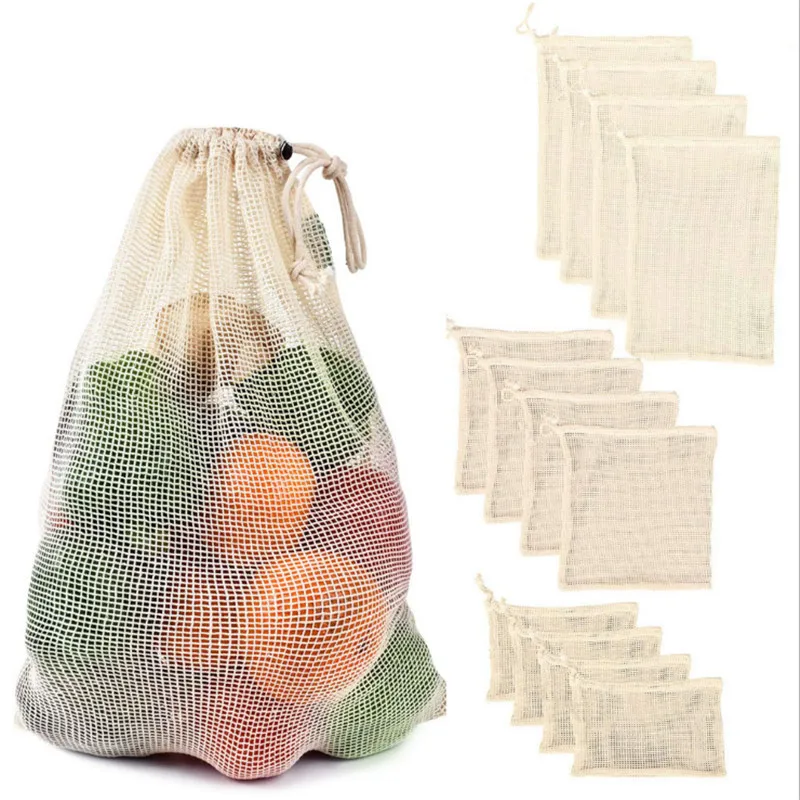 

Многоразовые продуктовые сумки, хлопковые сетчатые сумки для хранения фруктов, овощей со шнурком, органайзер, экологически чистые