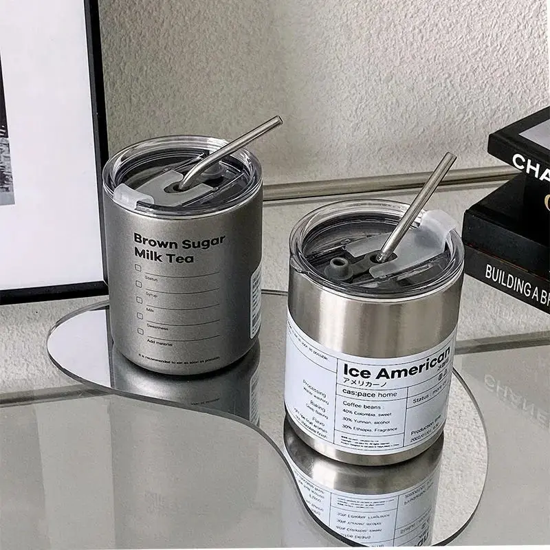 300ml Korea Style Metal Silver Coffee Mug  with Straw Portable Stainless Steel Travel Thermos Water Cups Vacuum Flask Bottle