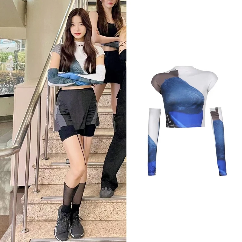 

Kpop LESSERAFIM 2023 Summer High Street Splice Color Tees Slim Long Sleeve T-shirt Women Nightclub Hot Girl Sexy O-neck Crop Top