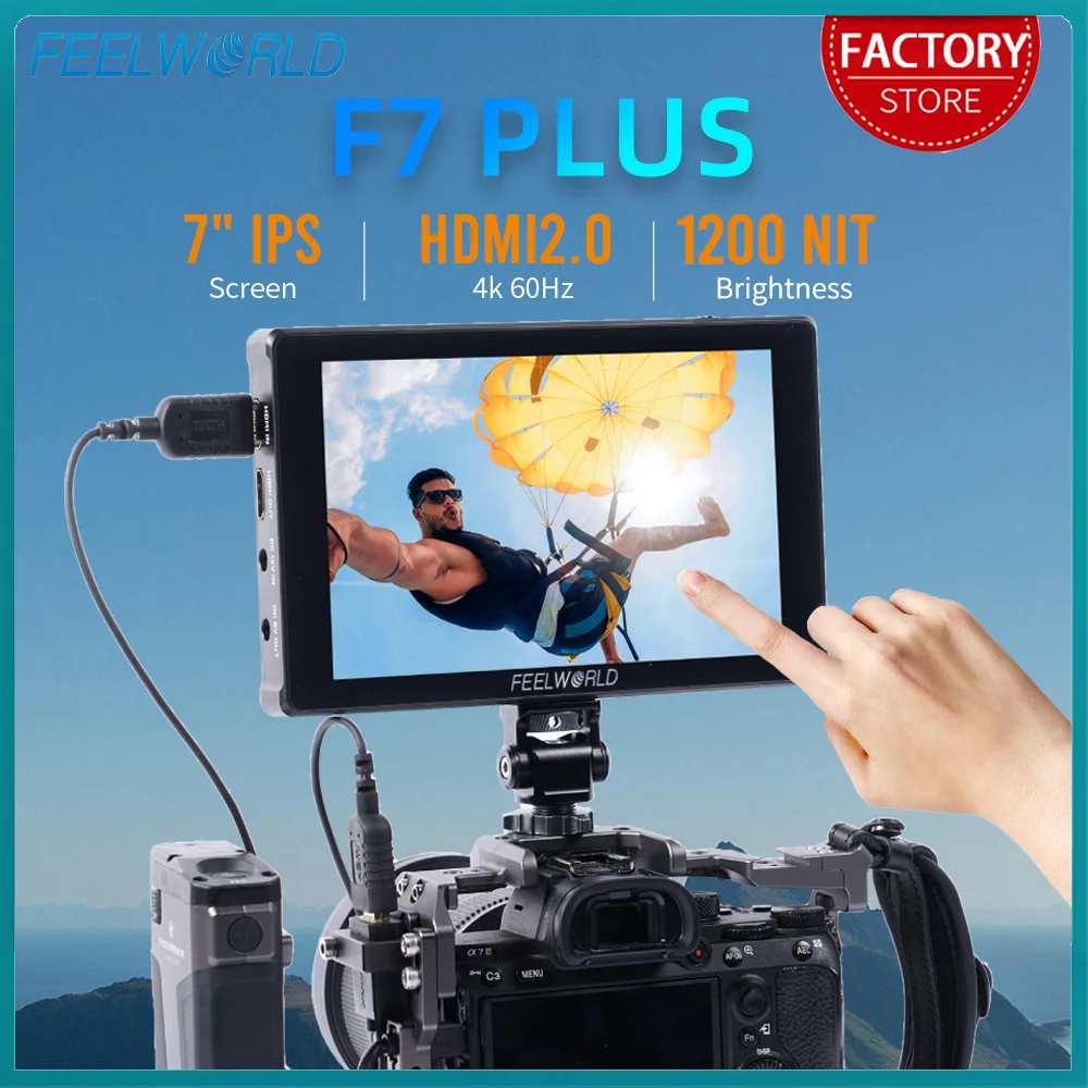 Фото FEELWORLD F7 PLUS 7-дюймовый сенсорный монитор для DSLR-камер с яркостью 1200 нит, HDR, 3D LUT, волнообразным графическим отображением, комплект для установки F970, 4K 60 Гц, HDMI вход/выход №1