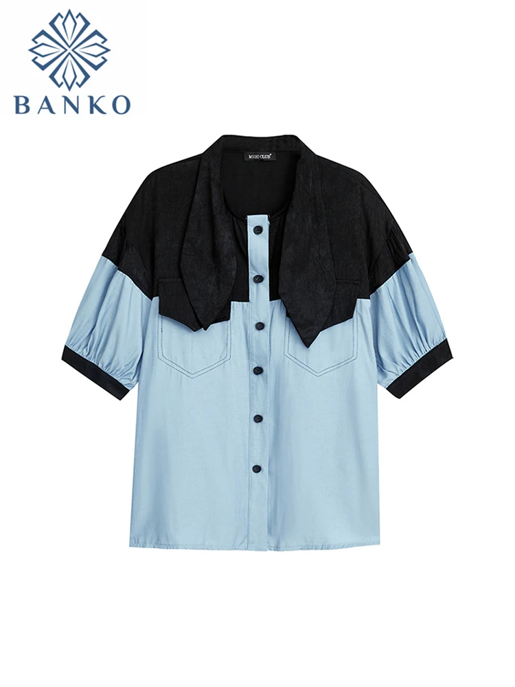 

Women American Retro Blouses Slim Fit Tops O-Neck Elegant Office Lady Patchwork Casual Shirts Y2K Streetwear Summer New Trend