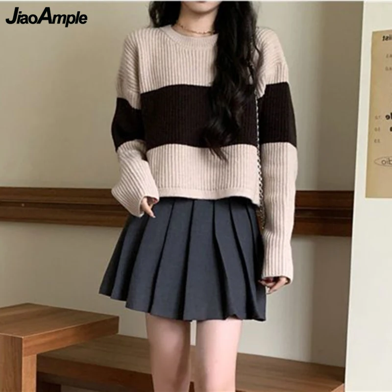 

Women's Fashion Patchwork Sweater Spring Autumn Korean Chic Knit Pullover Mini Pleated Skirts Two Piece Set 2023 Outfits Female