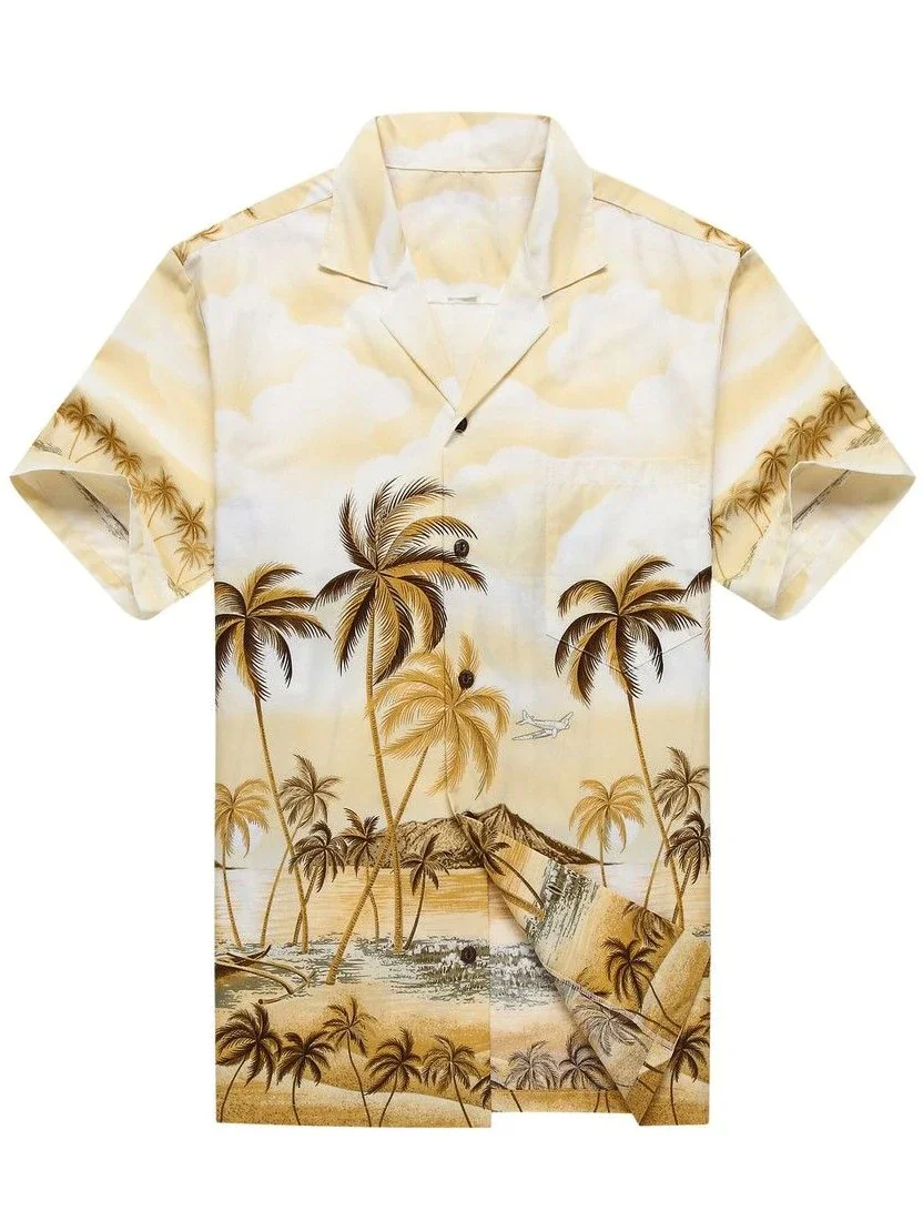 2022 Summer Cuban Collar Cotton Shirt man Casual Fashion Travel Vacation Men's Shirts Cuban Collar Hawaiian Shirts Coconut Tree