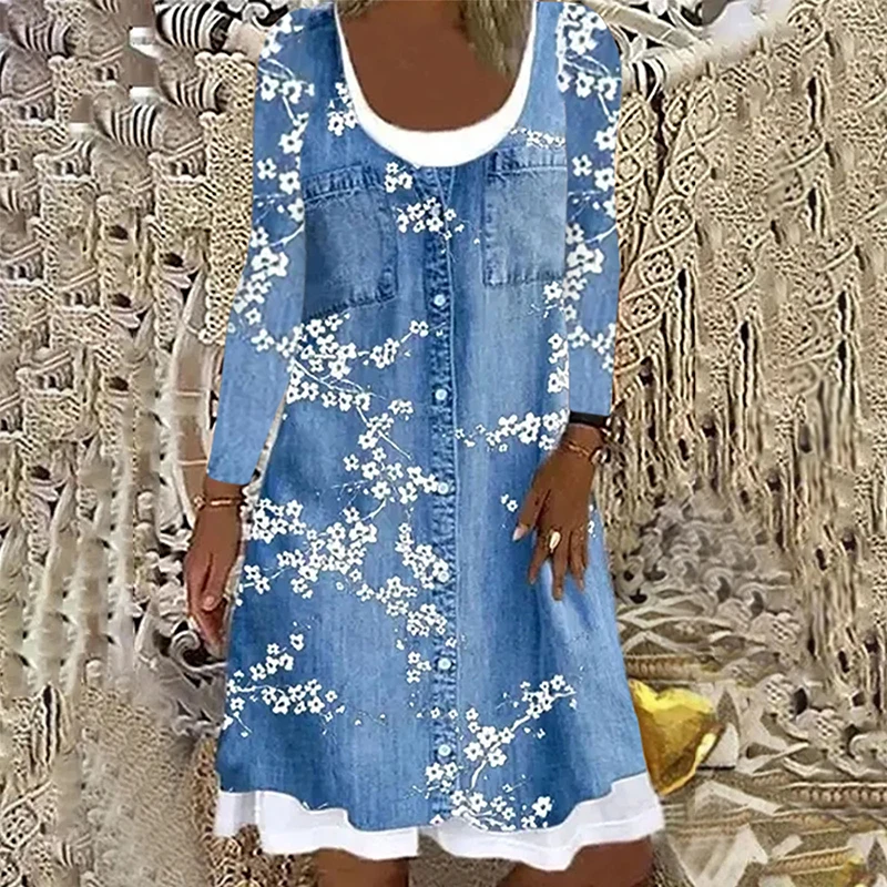 

Elegant Digital Print Fake Two-piece Denim Long-sleeved Dress Women Autumn Winter Casual Loose Vintage Fashion Dresses
