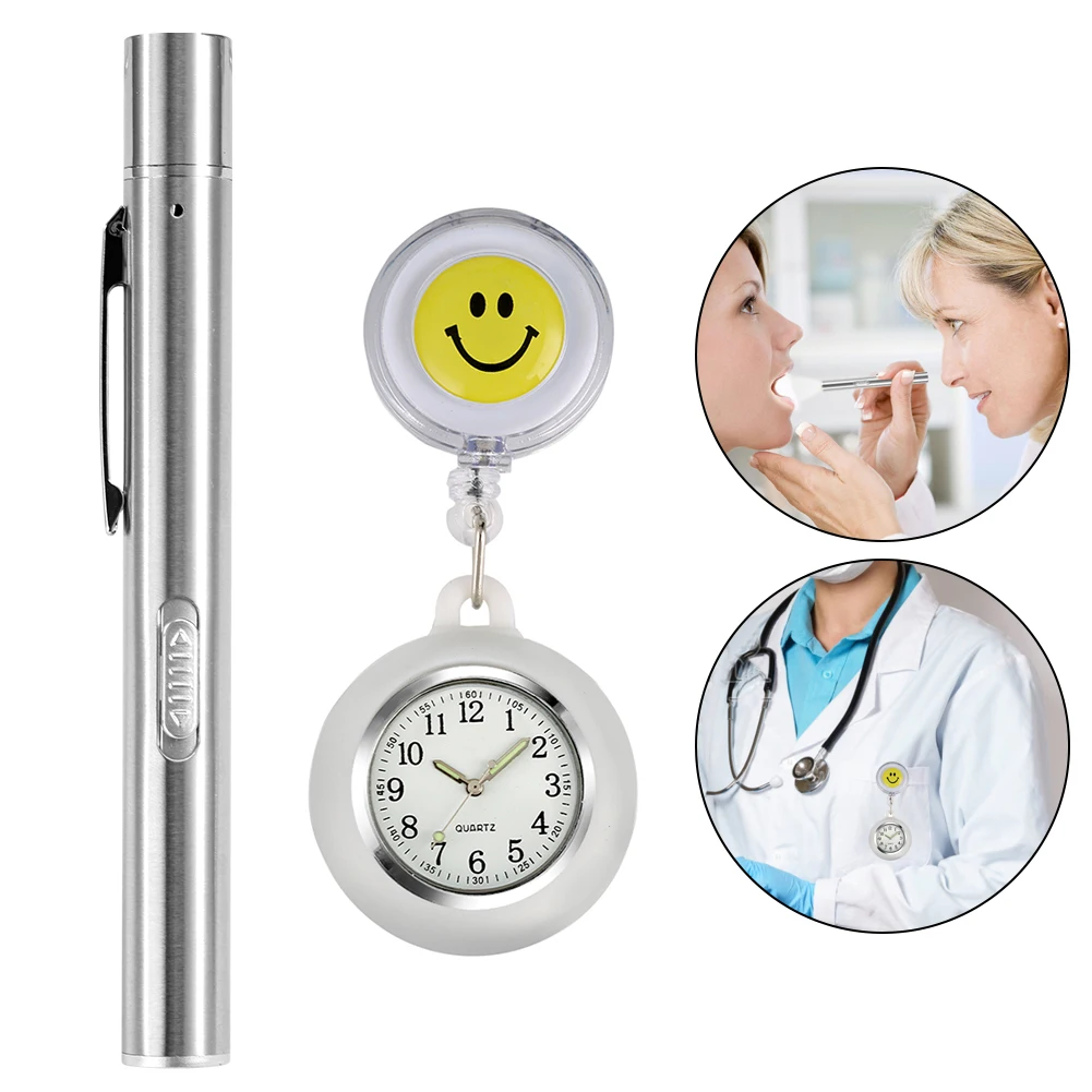Nurse Hanging Watch Pen Light Medical Accessories 2PCS Gift Set for Nurse Doctor Cute Smiling Clip-on Fob Brooch Quartz Watch
