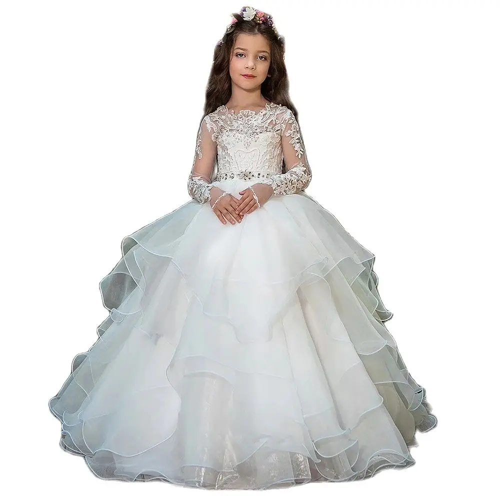 

Layers Tulle Flower Girl Dress Puffy Lace Wedding Party Dress Appliques Kid Birthday Dress First Communion Gown