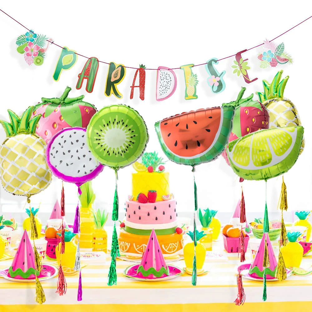 

JOYMEMO Summer Fruit Theme Birthday Party Decoration Watermelon Strawberry Foil Balloons Letter Banner Summer Party Supplies