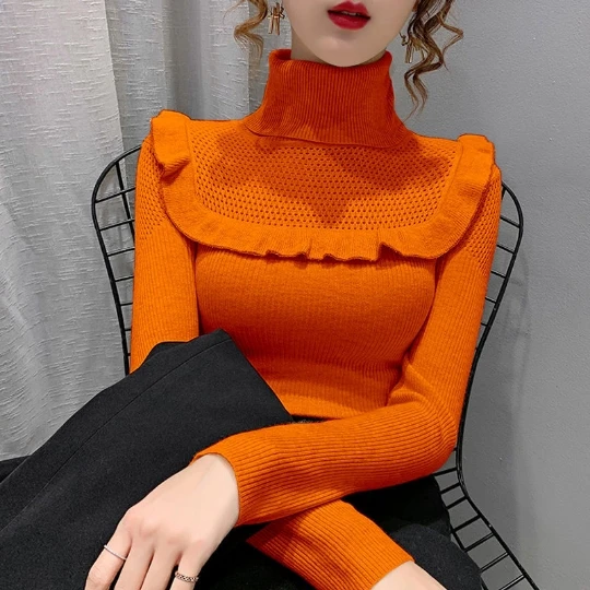 

Orange Bead Women Girl Office Lady Pullover Girl Knit Woman Sweaters High Neck Tops Tight Women's Sweater Top Coat Cloth Suéter