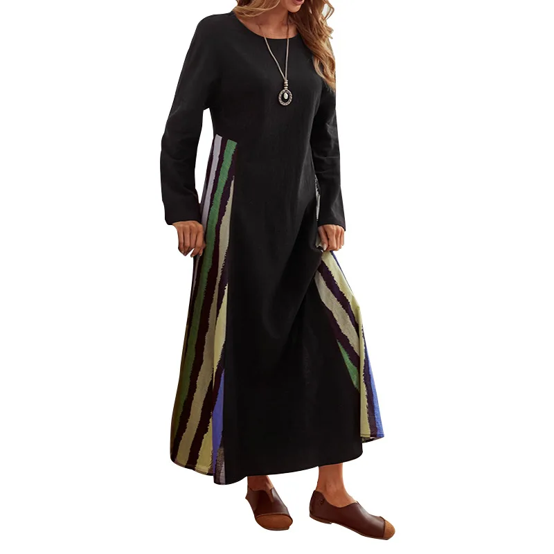 Middle East Arab Women's Dress Muslim Ramadan Robe Dubai Abaya Fashion Black Stripe Print Loose Casual Long Dress 2022 New