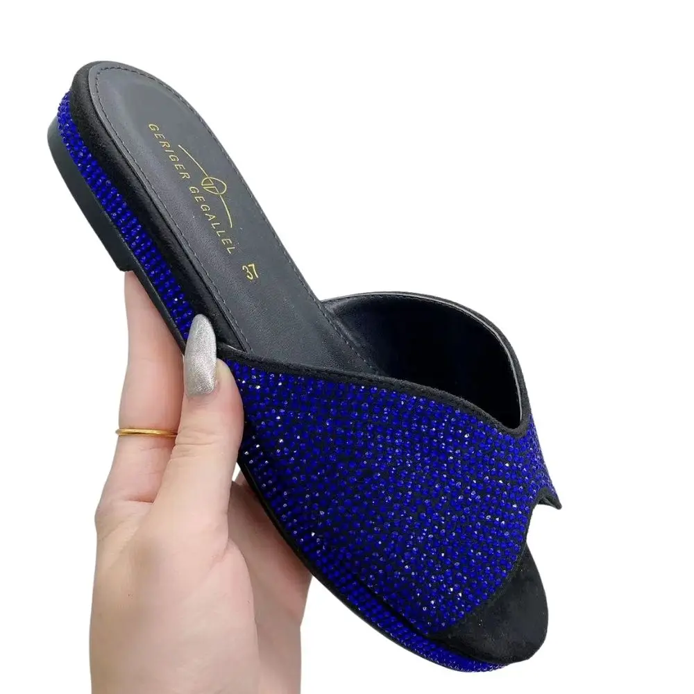 Blue Bling Bling Slides for Women 2023 New Classic Design Sandals Italian Style Lady Shoes Low Heel Summer Mules Comfy Sandals