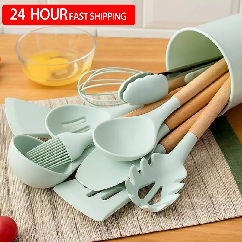 

Green Silicone Utensils Cooking Kitchenware Tool Set With Wooden Multifunction Handle Non-Stick Spatula Ladle Egg Beaters Shovel